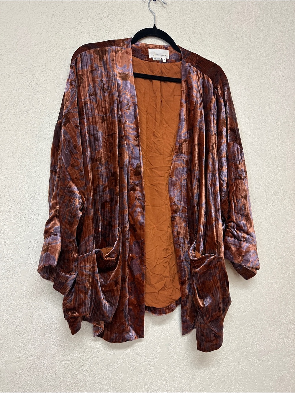 Anthropologie Velvet Open-Front Cardigan in Rust and Copper Tones - Picture 3 of 4